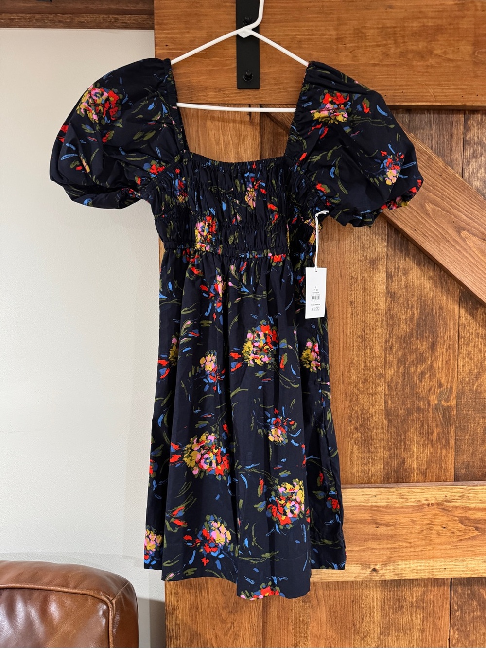 Smocked Puff-Sleeve Floral Mini Dress - Blue